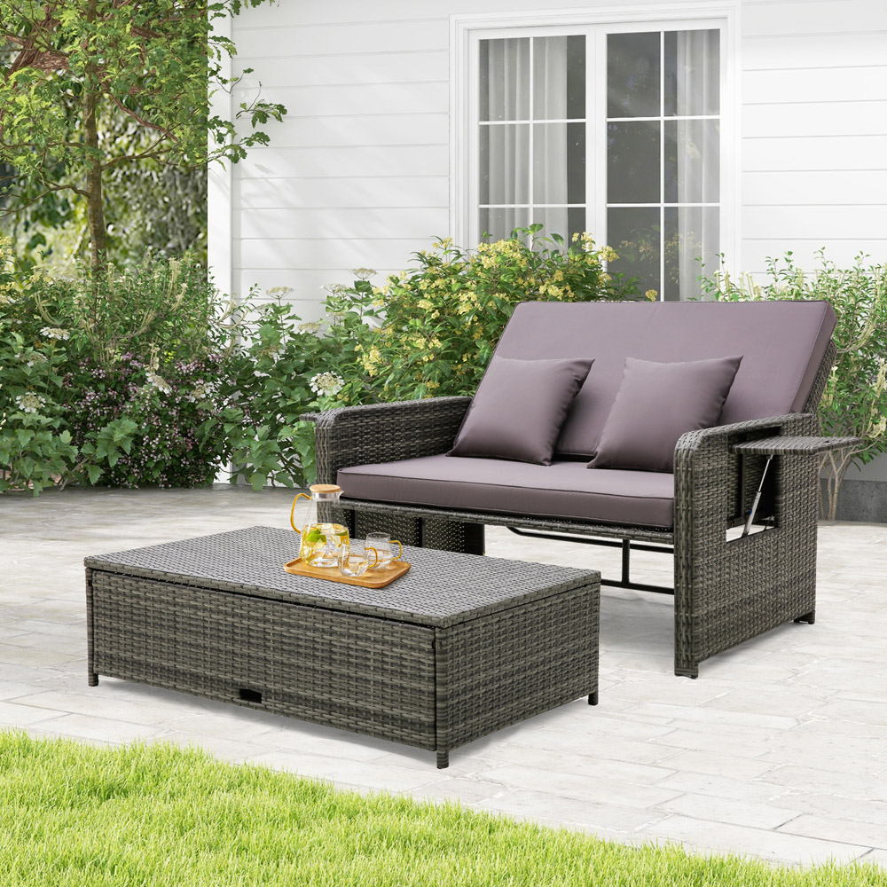 Costway 2 Seater Rattan Daybed with Ottoman and Side Tray Image 3