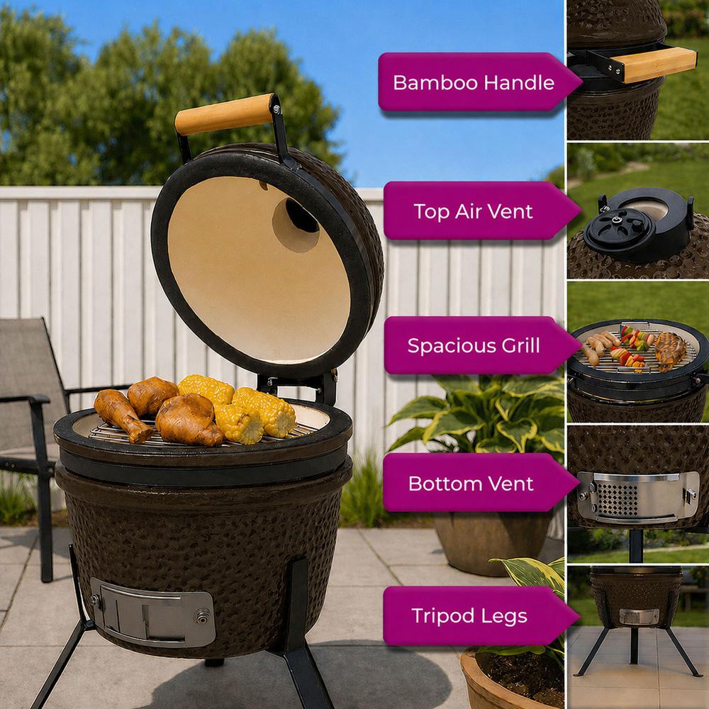 Neo Kamado Brown Portable Ceramic 13 inch Mini BBQ Grill Smoker with Stand Image 5