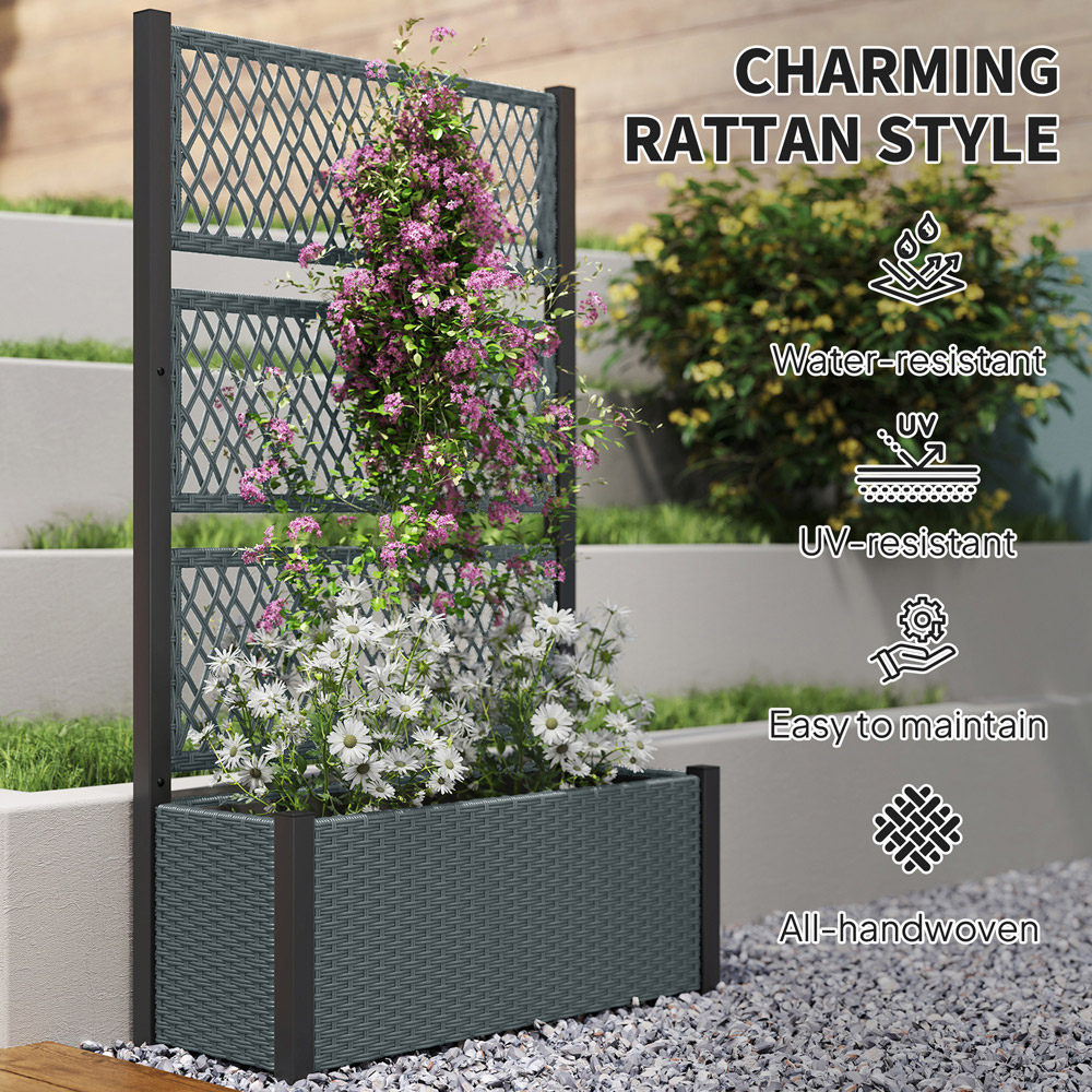 Outsunny Charcoal Grey Rattan Raised Garden Planter with Trellis Image 7