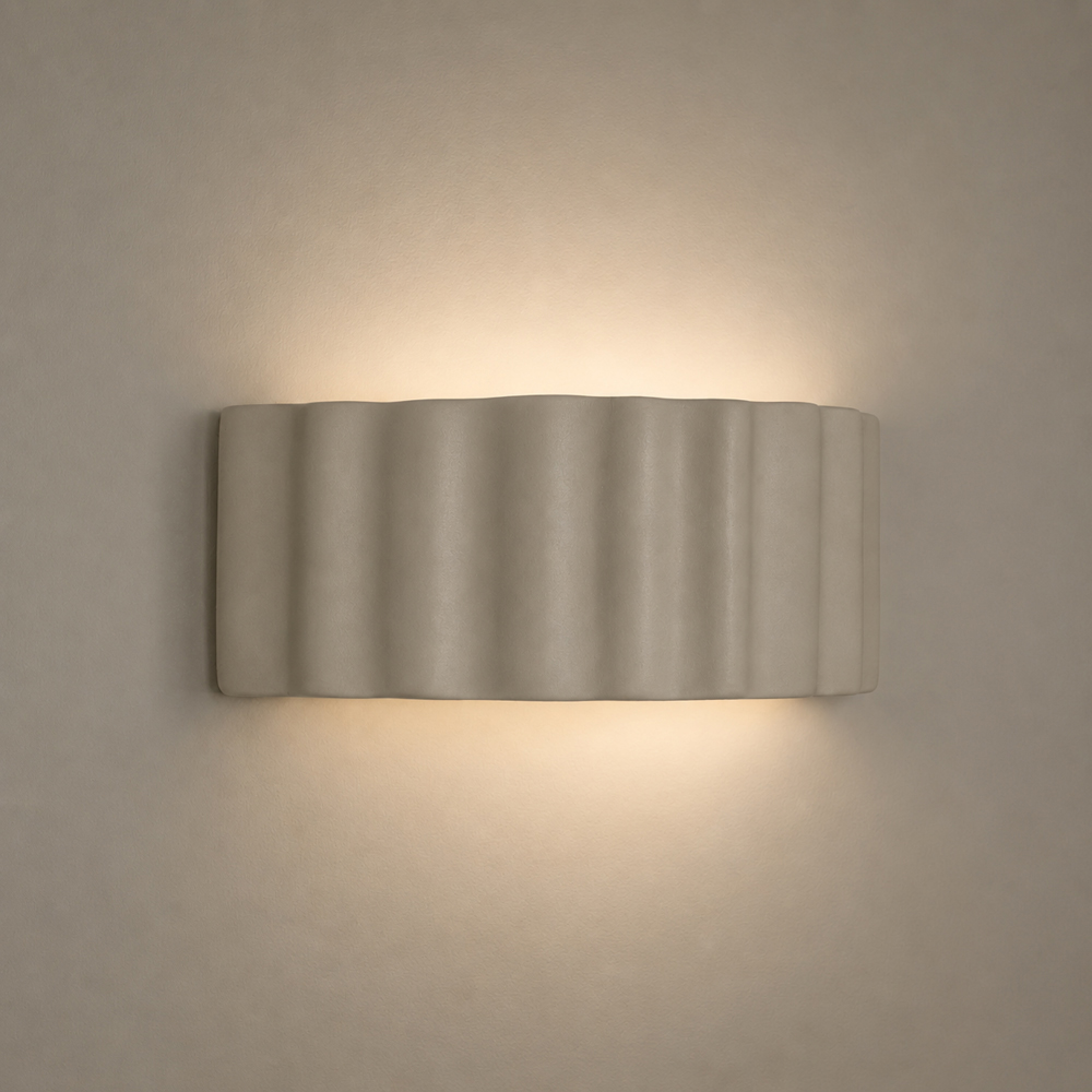 ValueLights Pablo Moss Green Ribbed Ceramic Flush Wall Light with Bulb Image 2