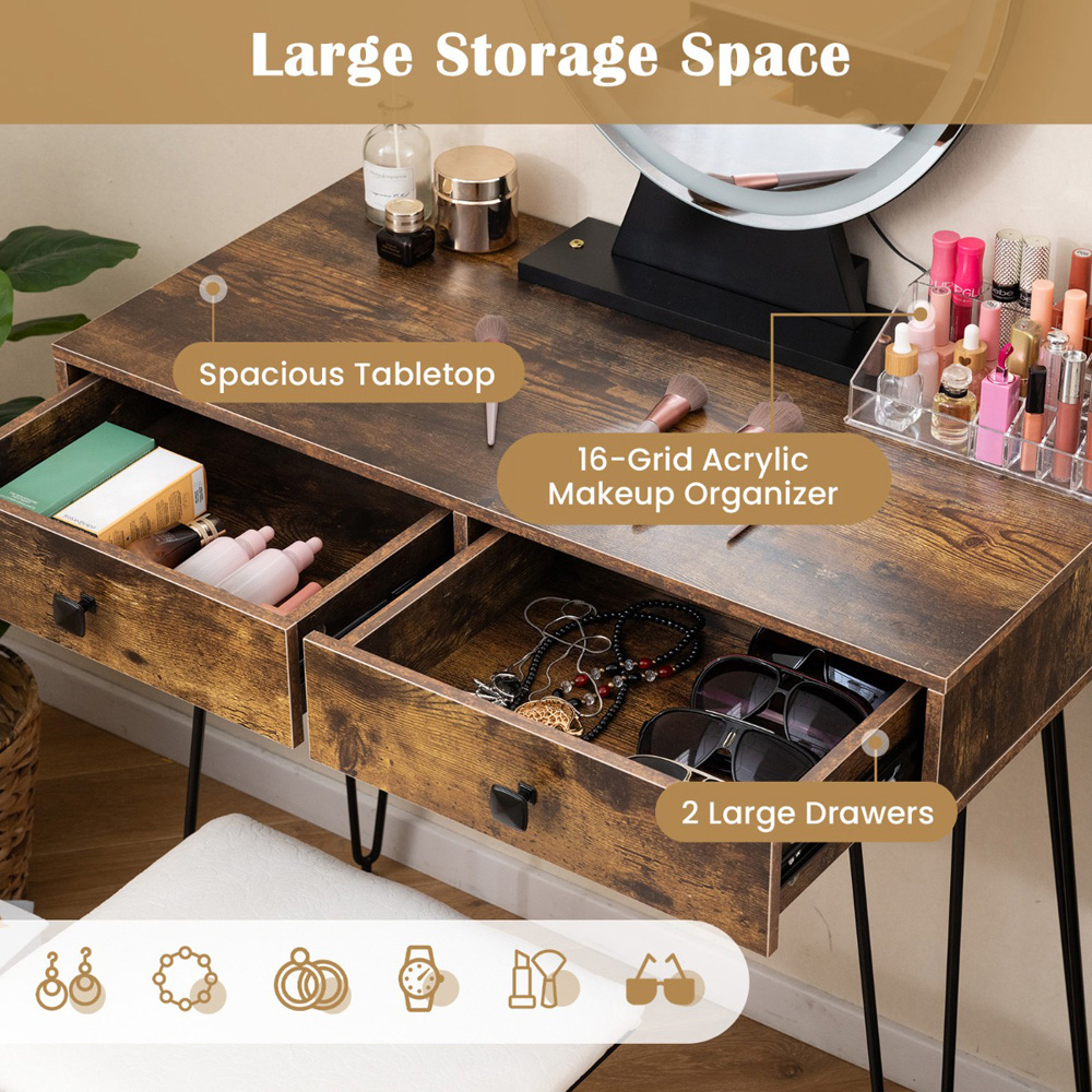 Costway Rustic Brown Vanity Desk Set with LED Mirror and Cushioned Stool Image 6
