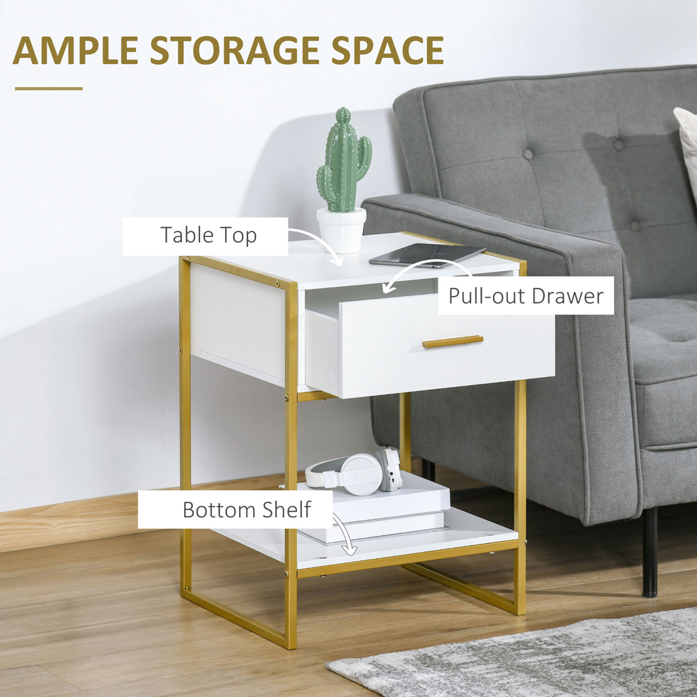 Portland Single Drawer Single Shelf White and Gold Bedside Table Set of 2 Image 7
