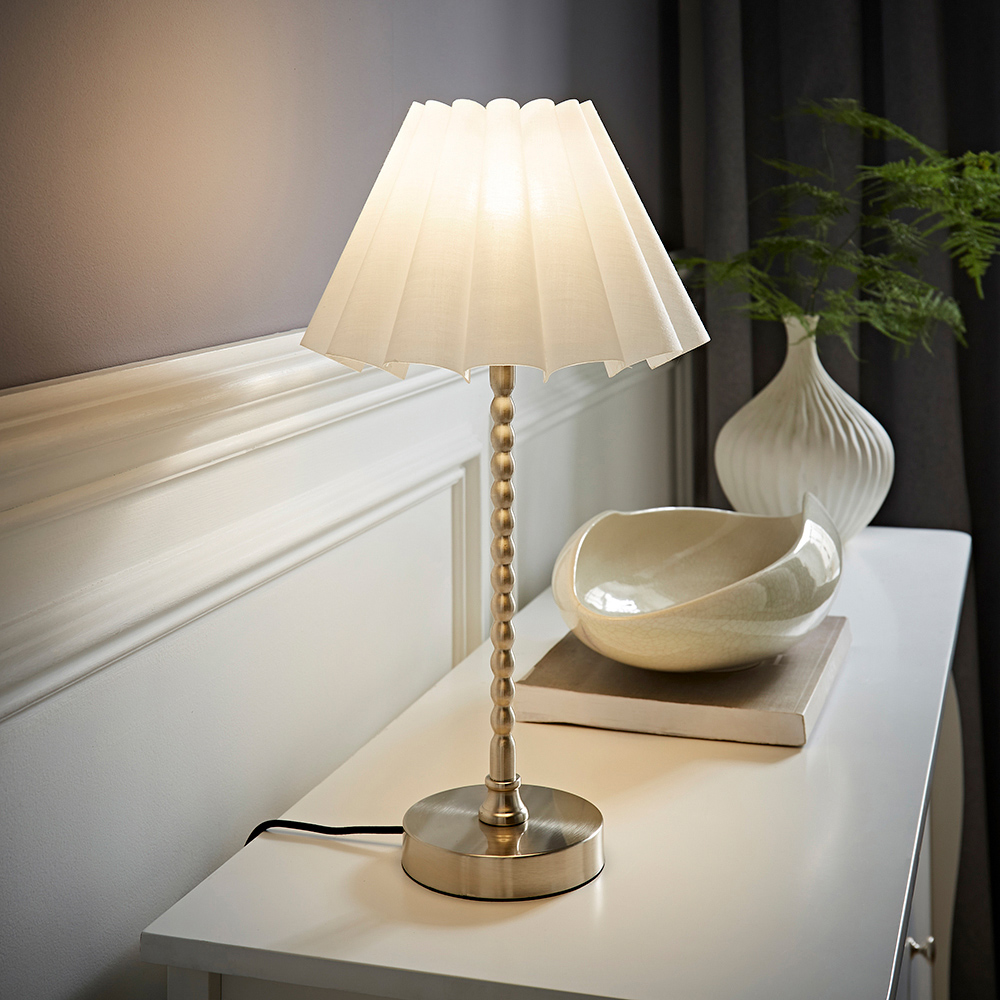 ValueLights Maeve White and Chrome Scallop Pleated Tapered Shade Bobbin Bobble Table Lamp and Bulb Image 6