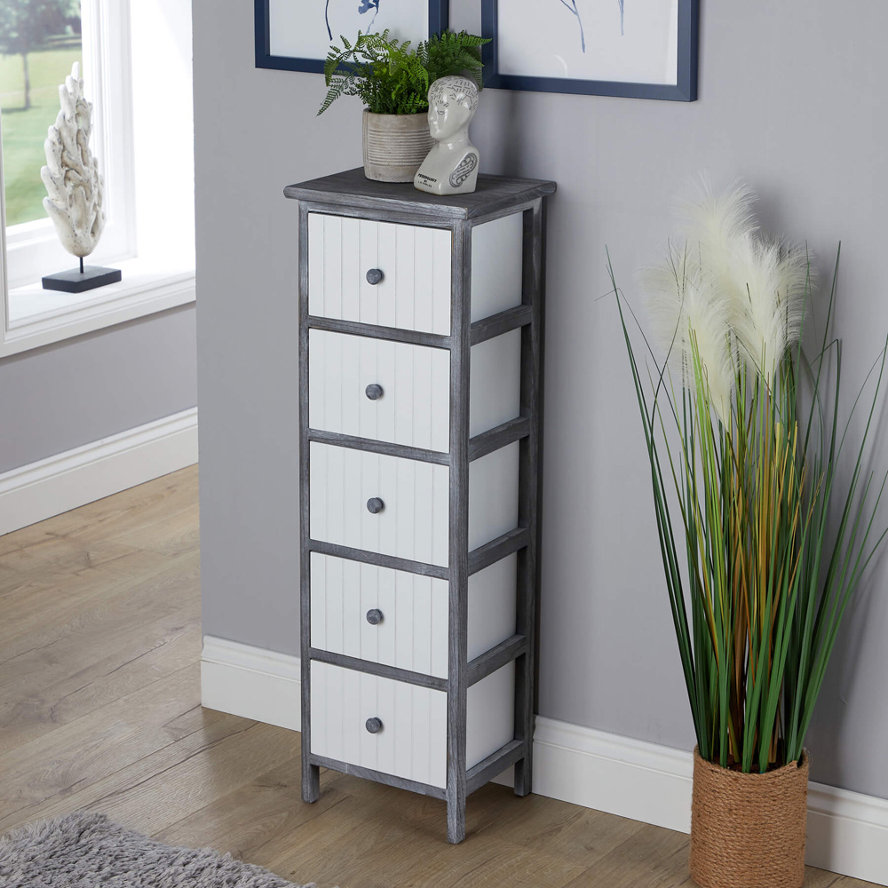 Home Source Mosbach 5 Drawer Grey Washed and White Solid Wooden Storage Unit Image 5