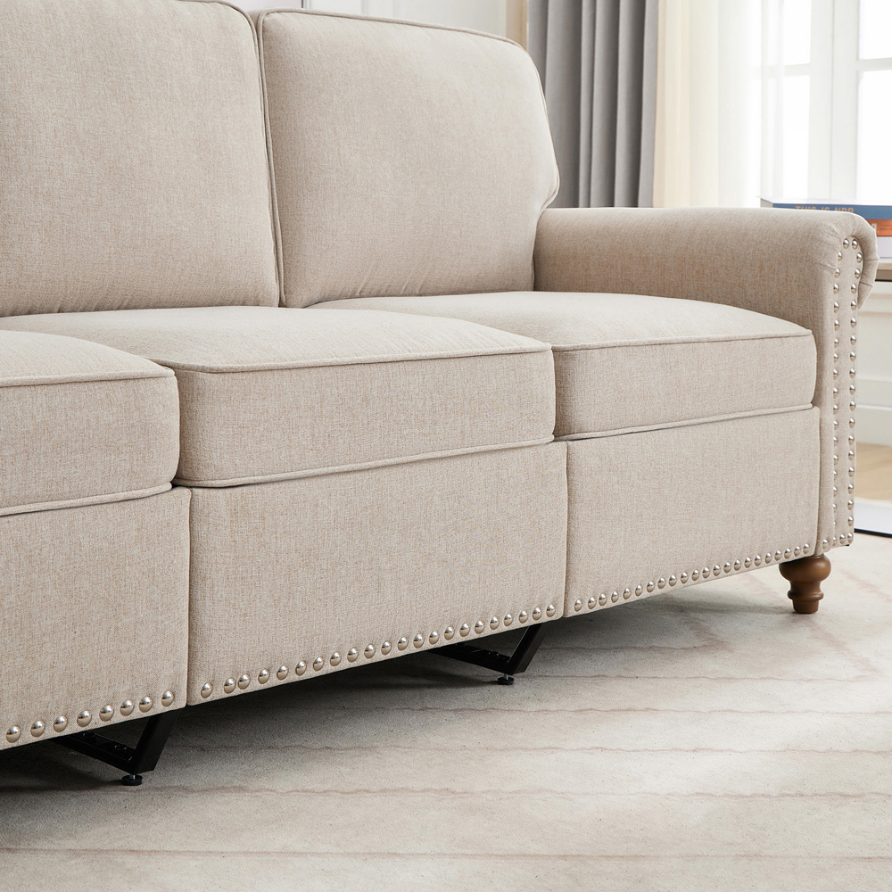 3 Seater Beige Plush Padded Studded Sofa Image 3