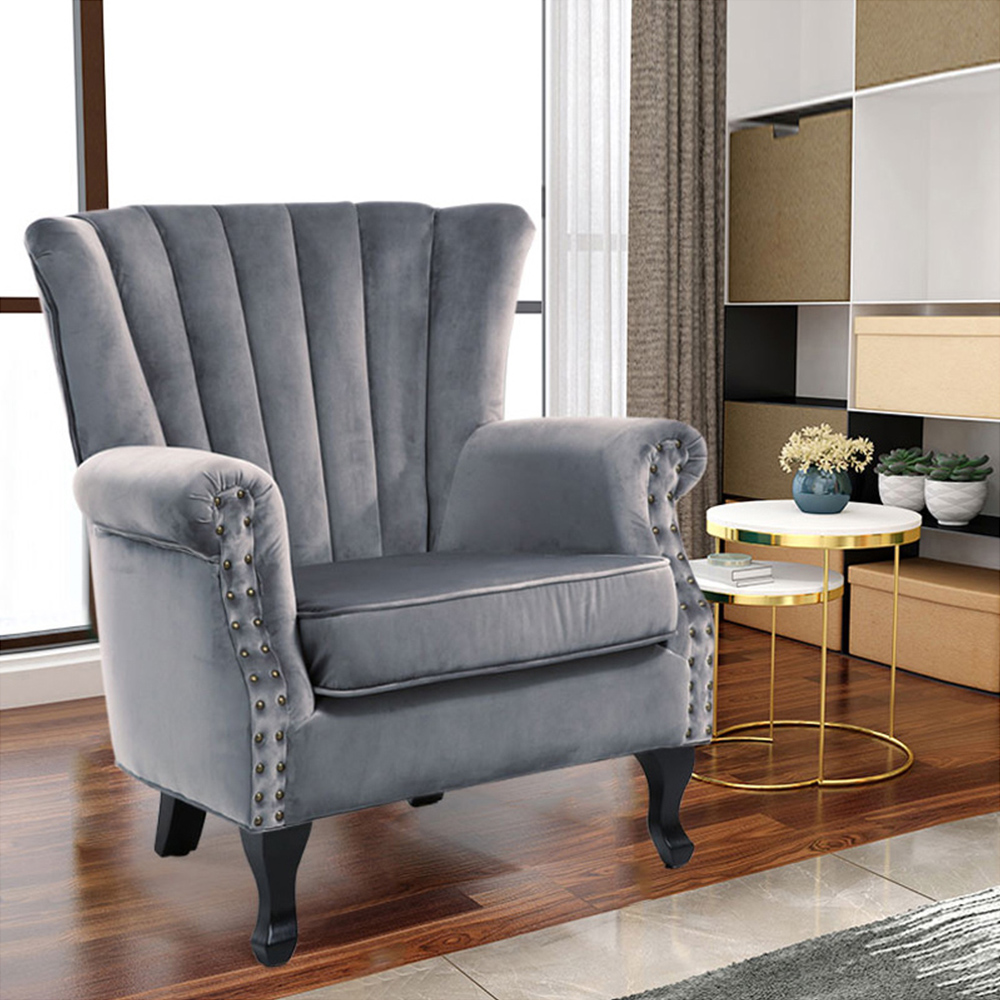 Living and Home Vintage Grey Velvet Wingback Armchair Image 4