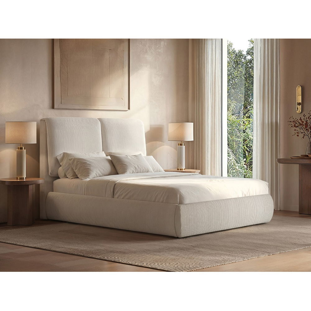 SOLACE+CO Lydia Beige Double Cord Ottoman Bed with Plush Padded Headboard Image 6