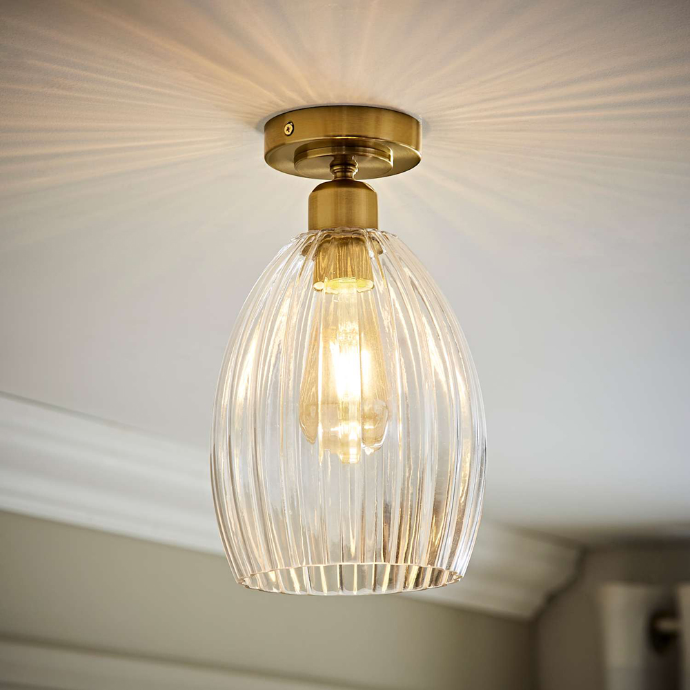 ValueLights Cheltenham Ribbed Shade Brushed Gold Flush Ceiling Light with Bulb Image 7