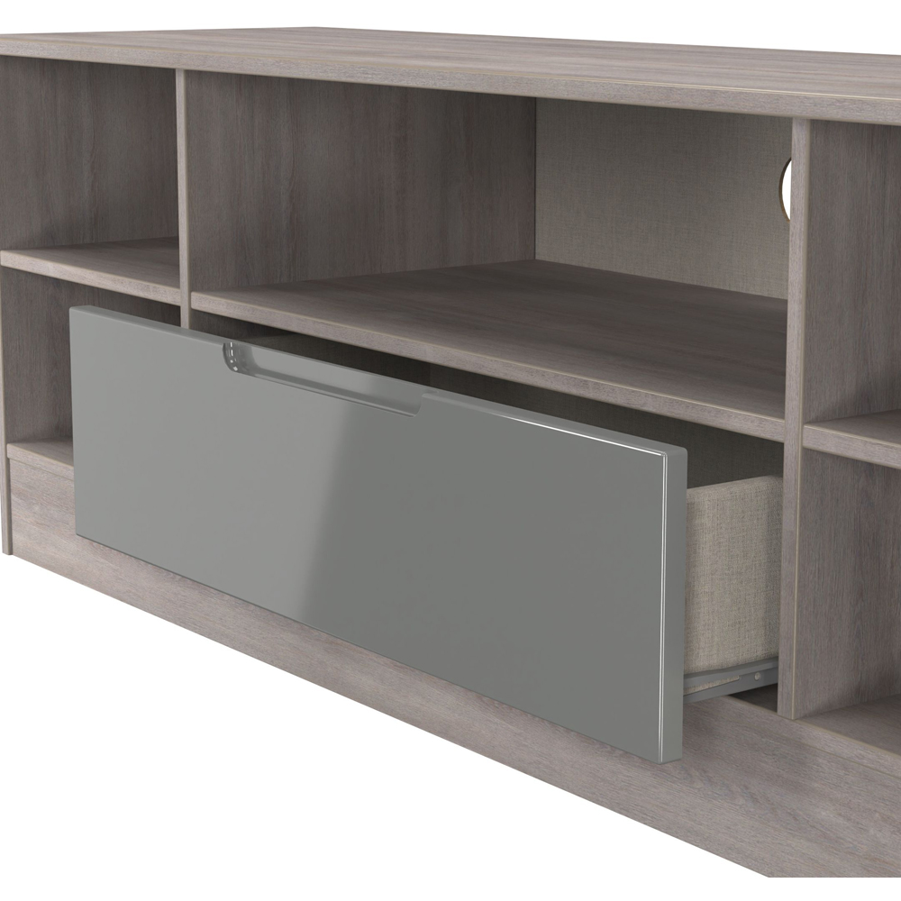 Crowndale Milan Single Drawer 5 Shelf Grey Gloss and Grey Oak Wide TV Unit Ready Assembled Image 5