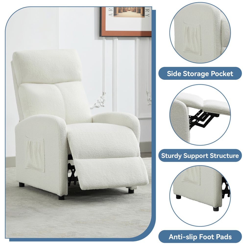 Teddy Fabric Cream and White Recliner Pushback Adjustable Arm Chair Image 6