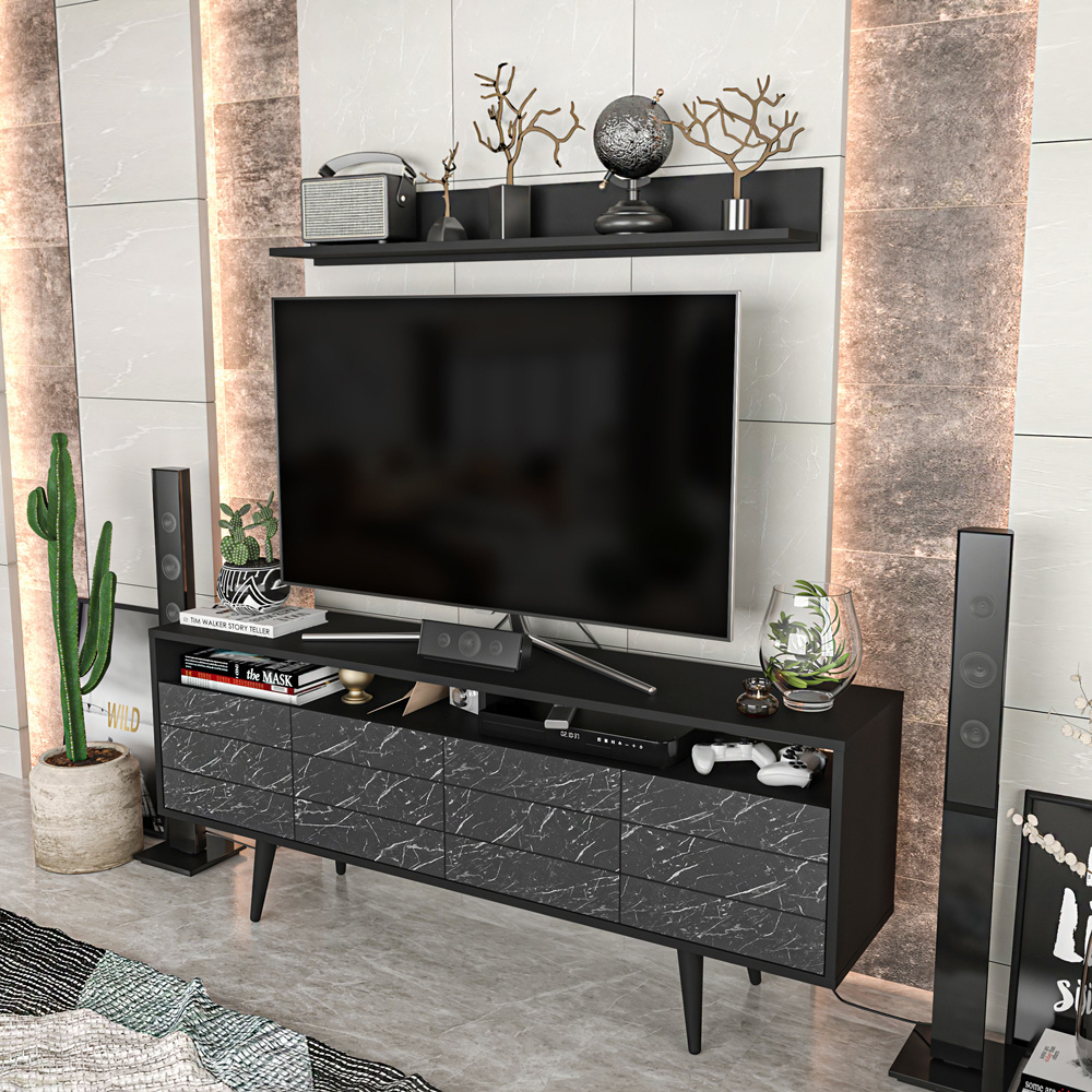 Decorotika Ola Single Door Single Shelf Black Marble and Black TV Unit with Wall Shelf Image 4