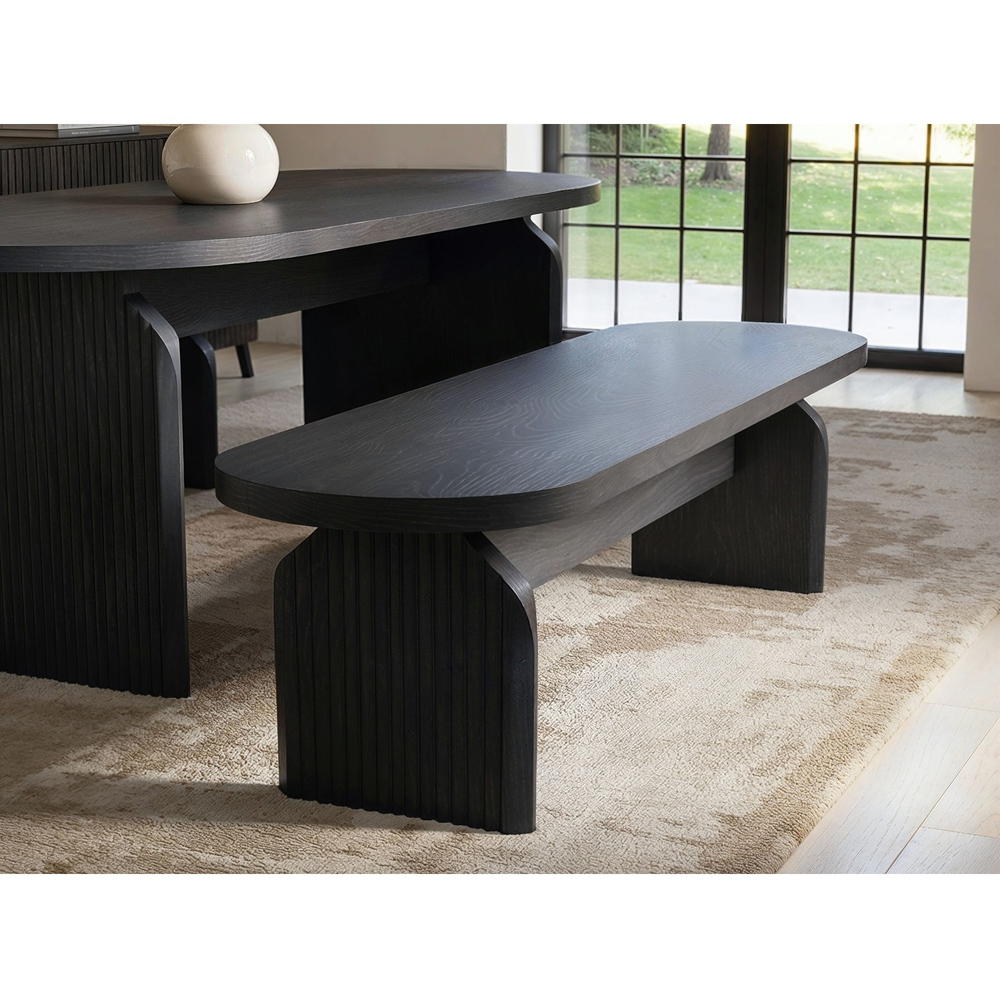 SOLACE+CO Varm Black Wood Effect 3 Seater Ribbed Dining Bench Image 3
