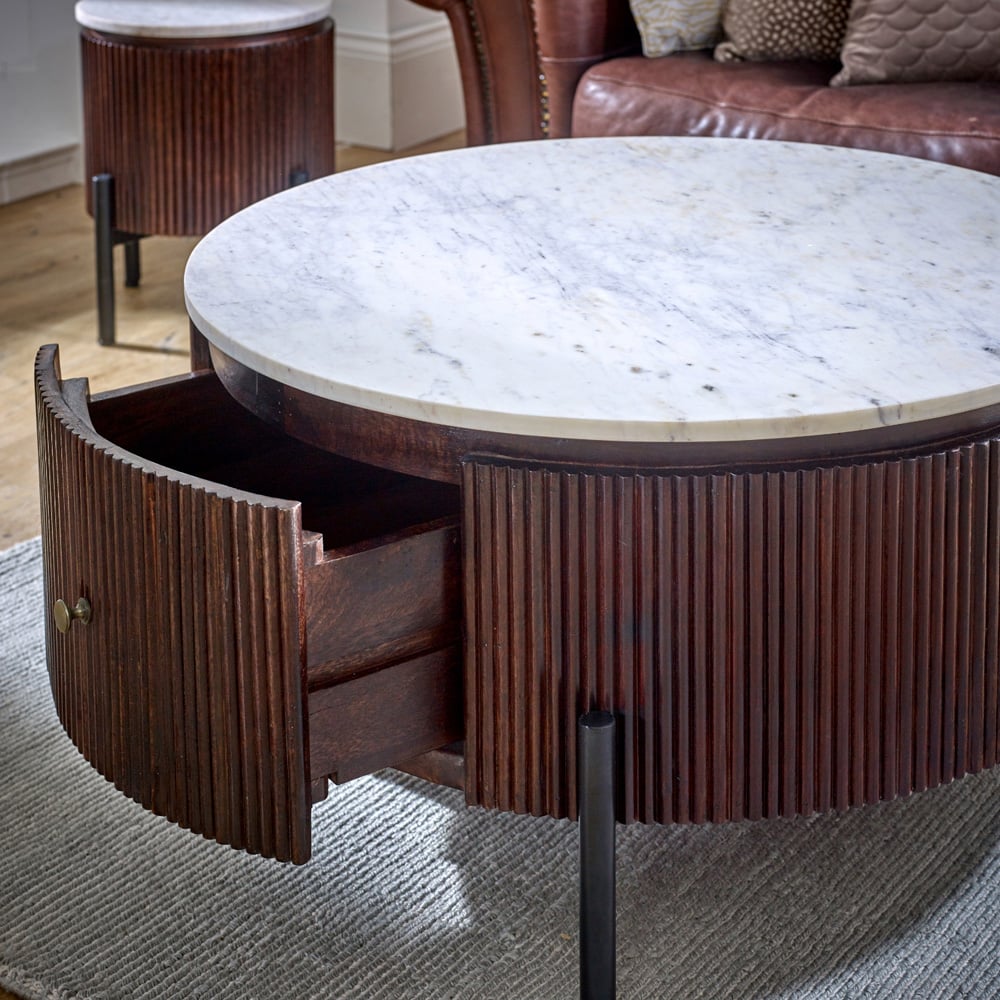 Brooklyn Opal Single Drawer Marble Top Mango Wood Round Fluted Coffee Table Image 3