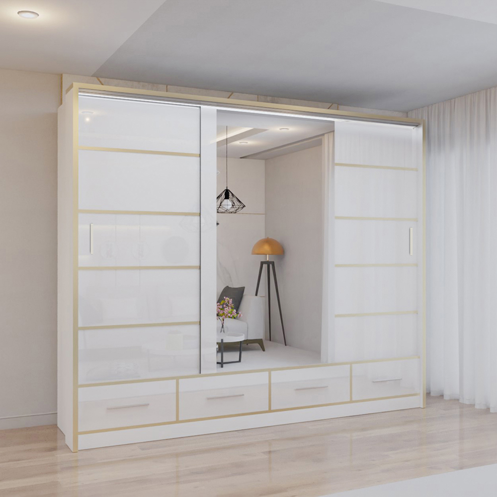 Sliding Wardrobes 4U 2 Sliding Door White Modern Wide High Gloss Mirrored Wardrobe Image 3