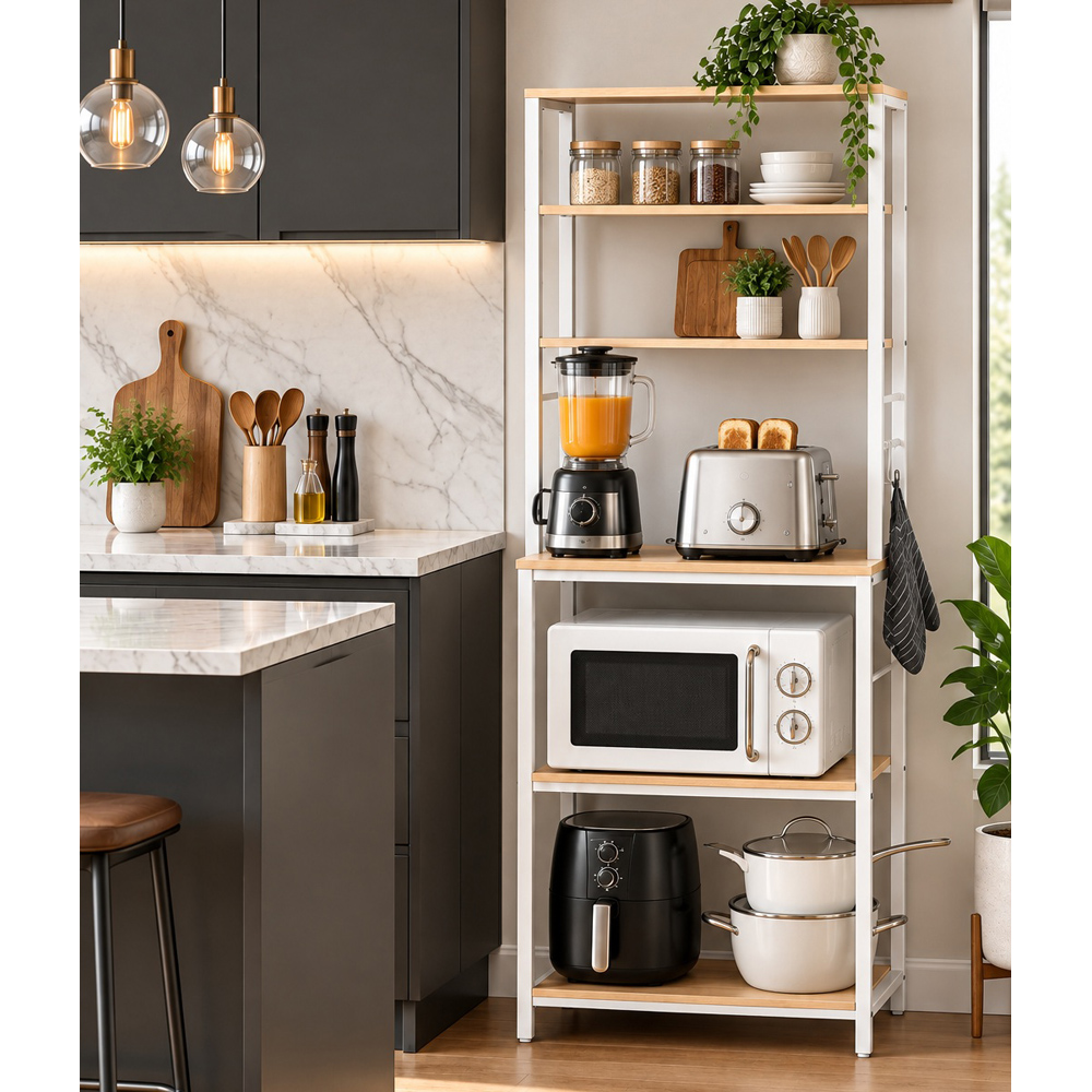 Modcraft 6 Shelf White Kitchen Storage Rack with 6 Hooks | Homebase