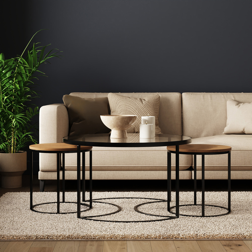 GFW Femi Oak Glass Top Nest of Tables Set of 3 Image 8
