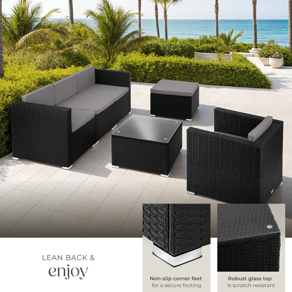 tectake Lignano 5 Seater Black Rattan Garden Lounge Set Image 4