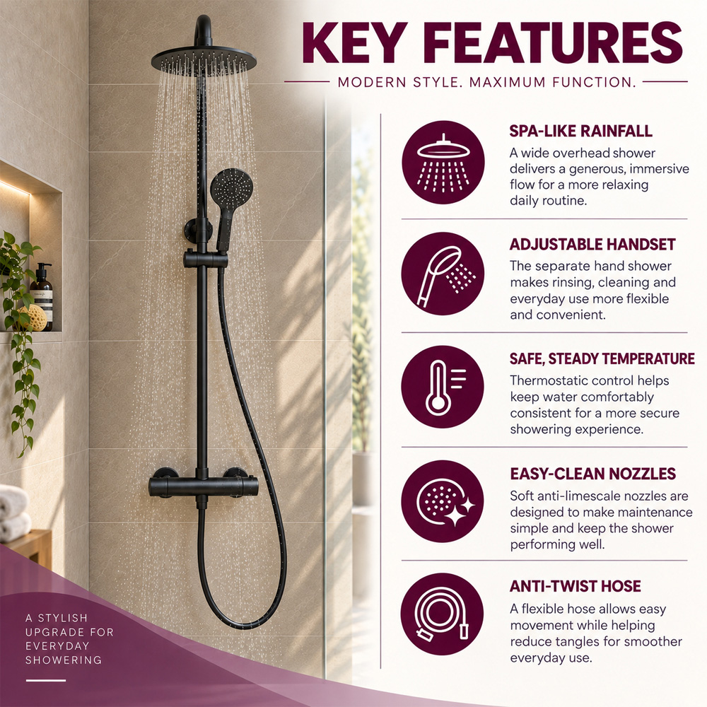 Go Bathrooms Matt Black Round Thermostatic Shower Kit Image 6