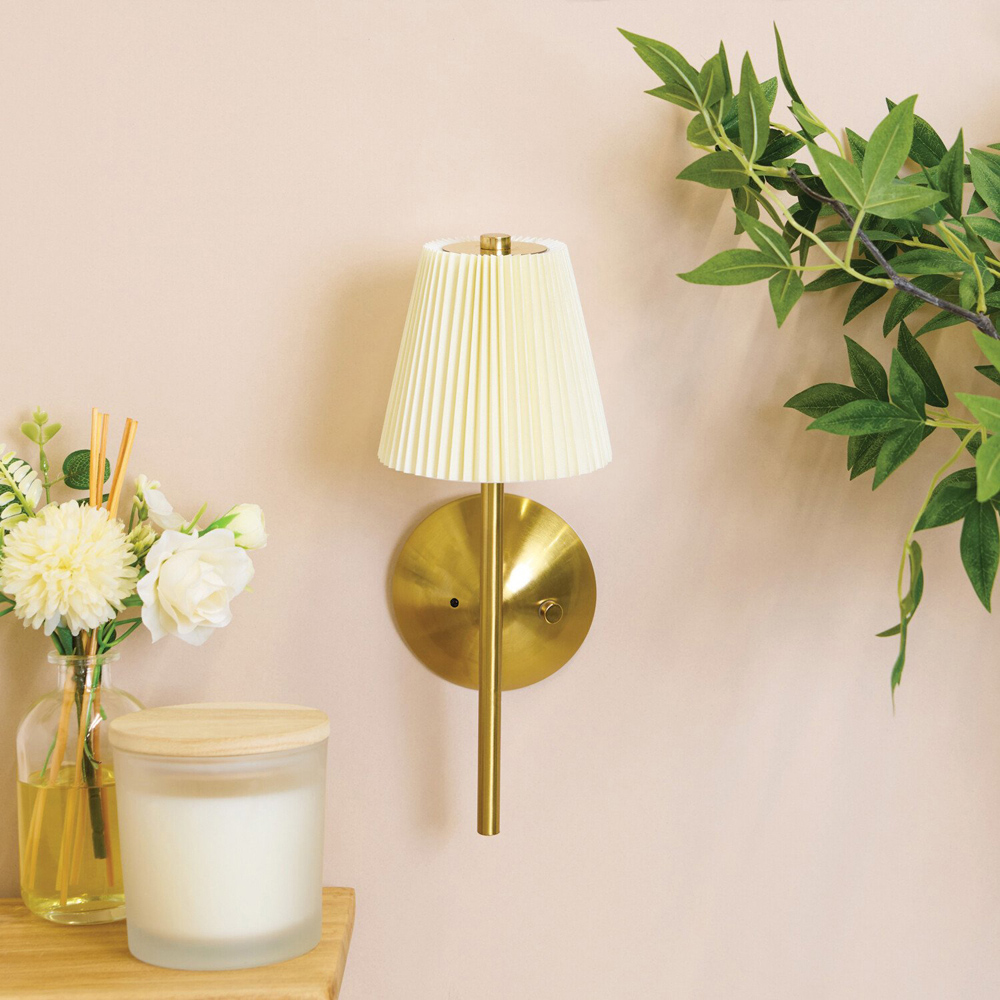 Battery Operated Pleated Wall Light Cream and Gold Image 5