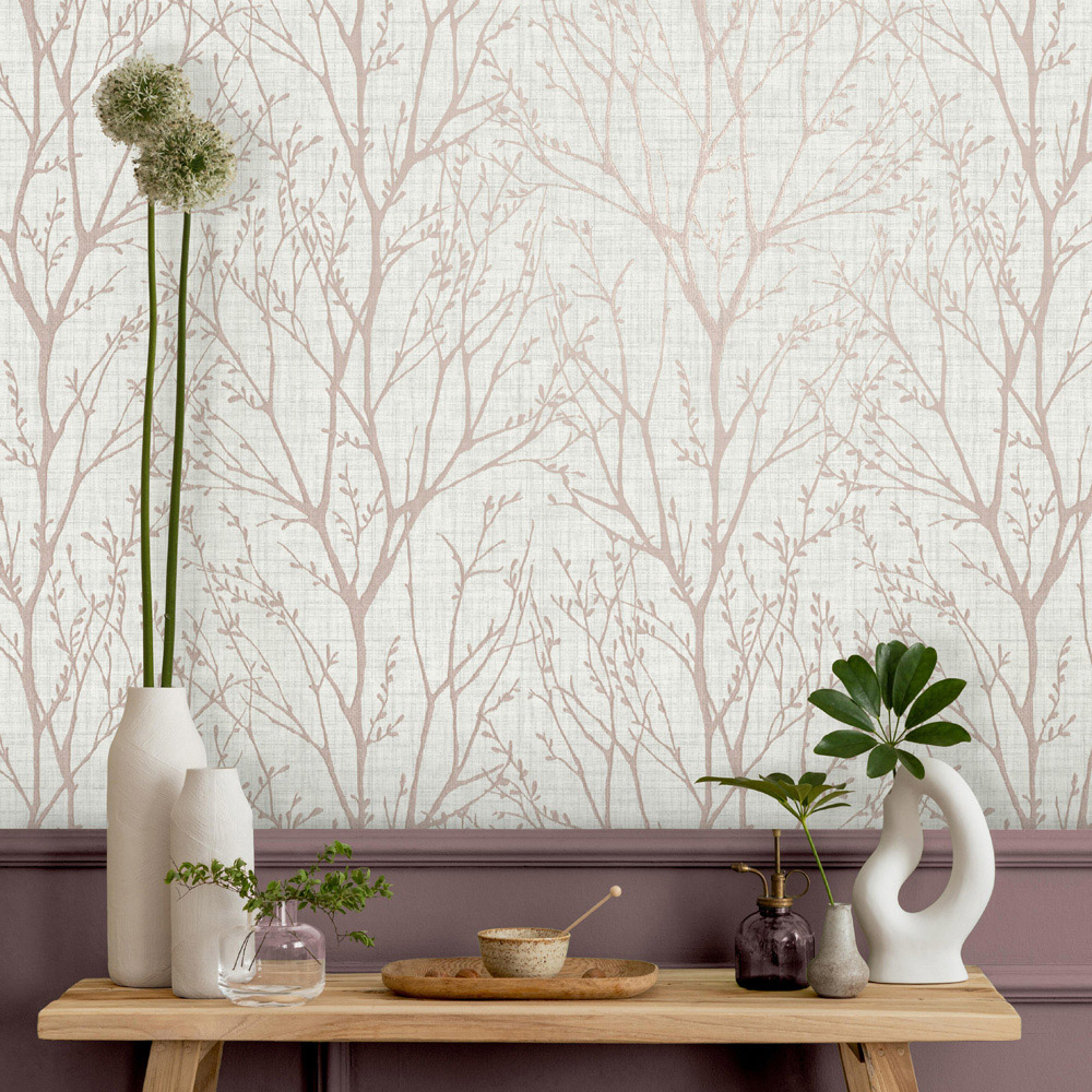 Crown Lynford Trees Fabric Effect Blush Wallpaper Image 2