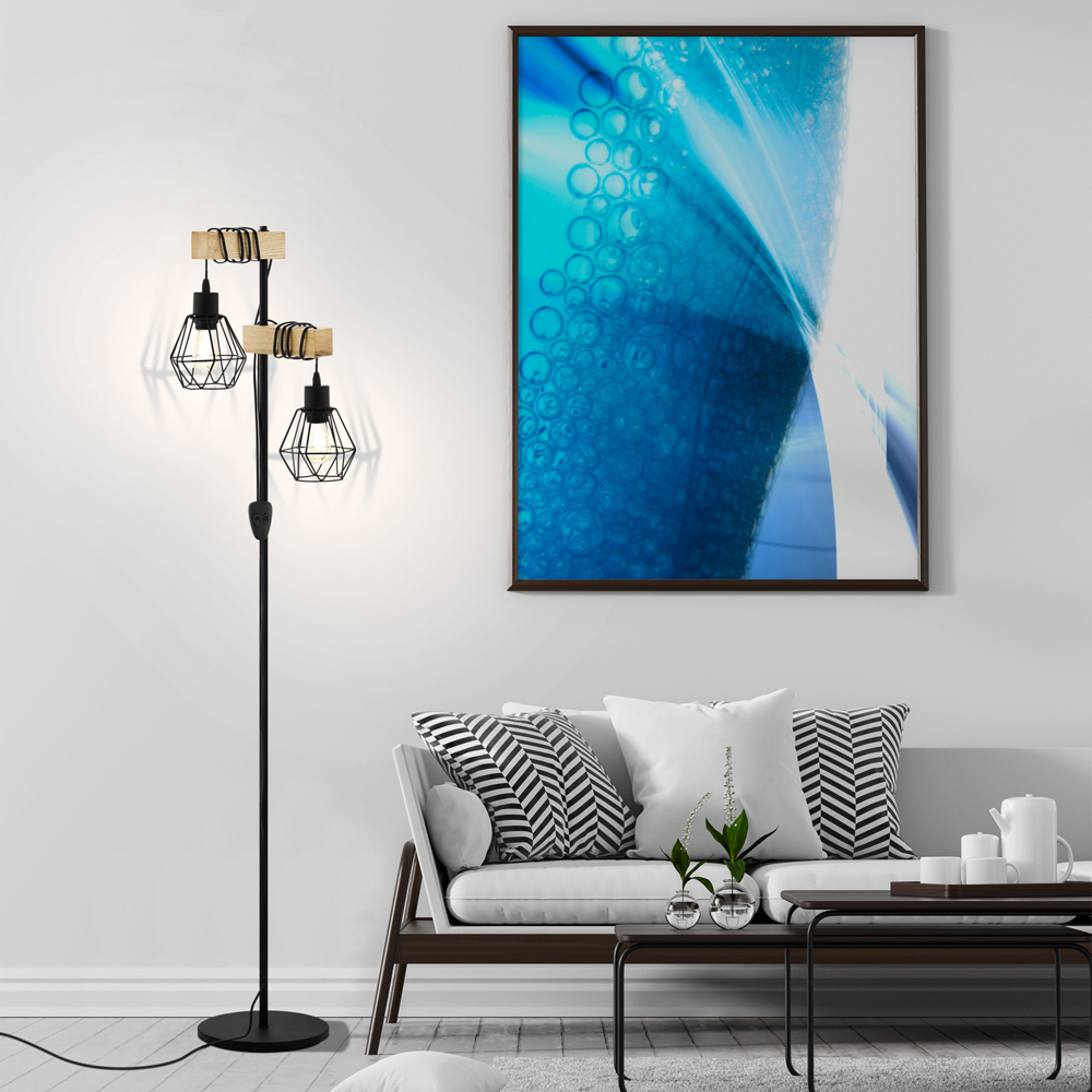 EGLO Townshend 5 Black Natural Metal and Wood Industrial 2 Light Floor Lamp Image 2