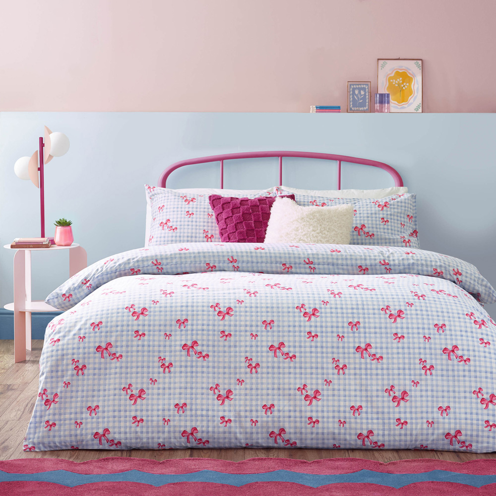 Heya Home Super King Size Gingham Bows Printed Blue Duvet Set Image 1