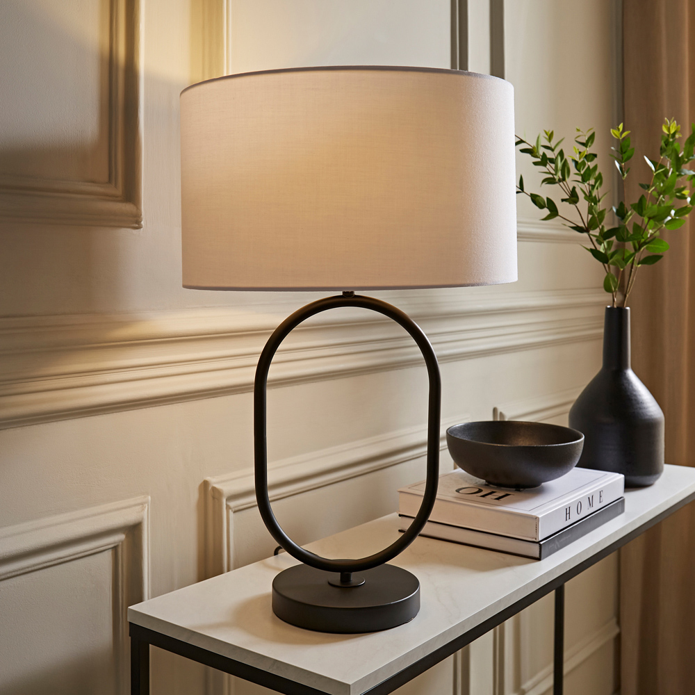 ValueLights Antonia White Fabric Drum Shade Matte Black Oval LED Table Lamp Image 2