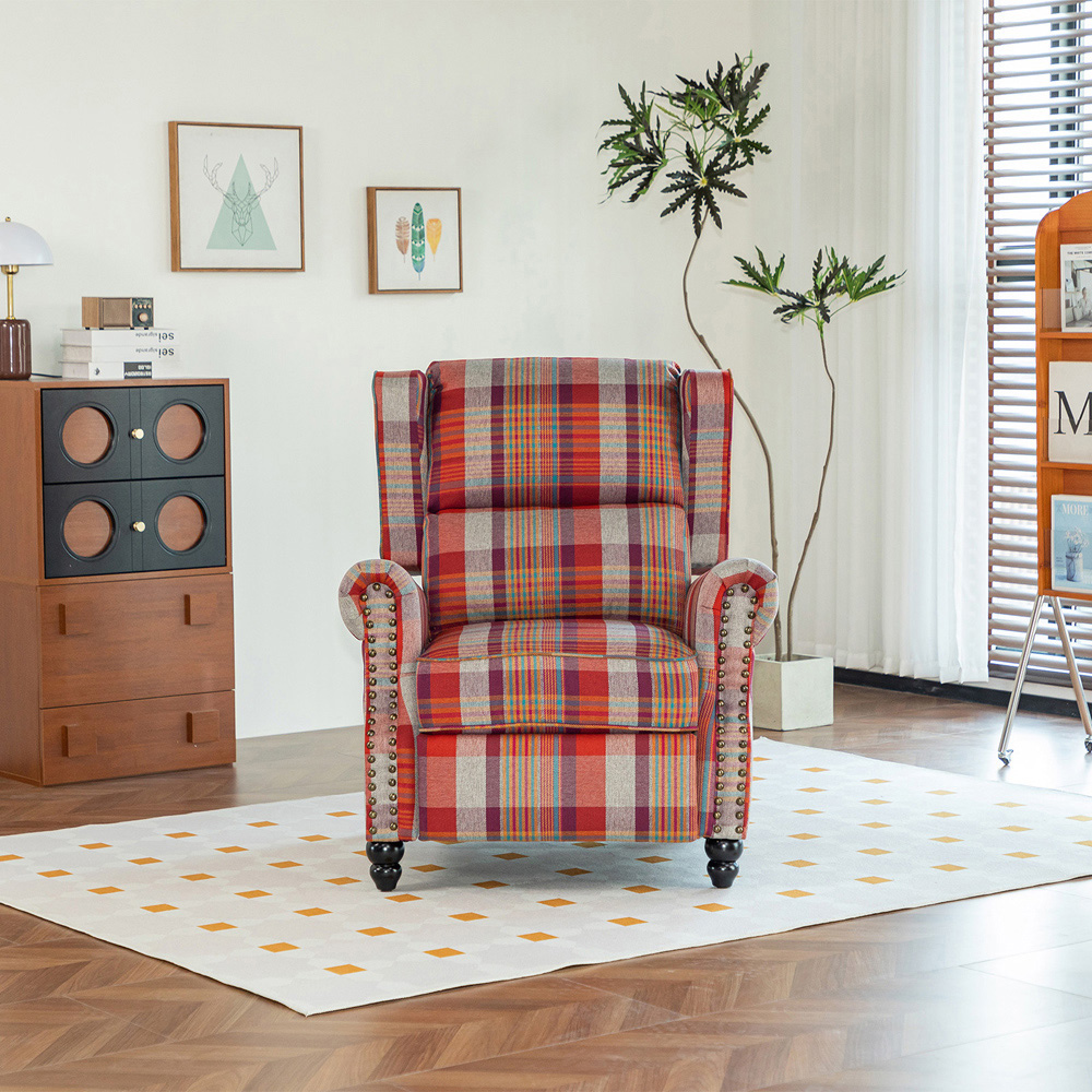 Living and Home Red Plaid Wingback Recliner Armchair with Adjustable Backrest and Footrest Image 7