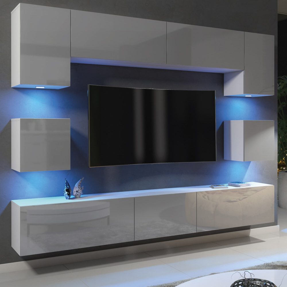 Creative Furniture Panorama White and Grey Gloss 9 Door Wall-Mounted TV Unit with LED Image 3