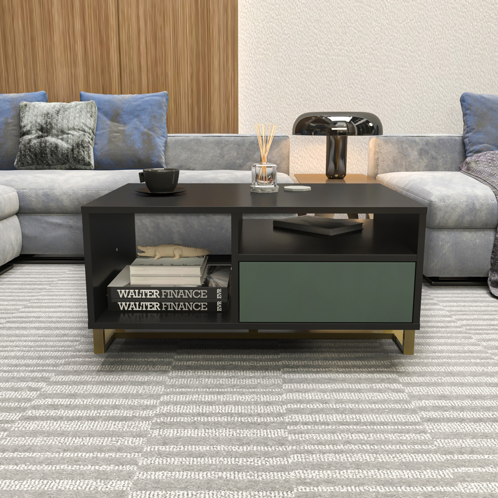 Decorotika Utopie 2 Door 2 Shelf Black and Green Modern Coffee Table Image 5