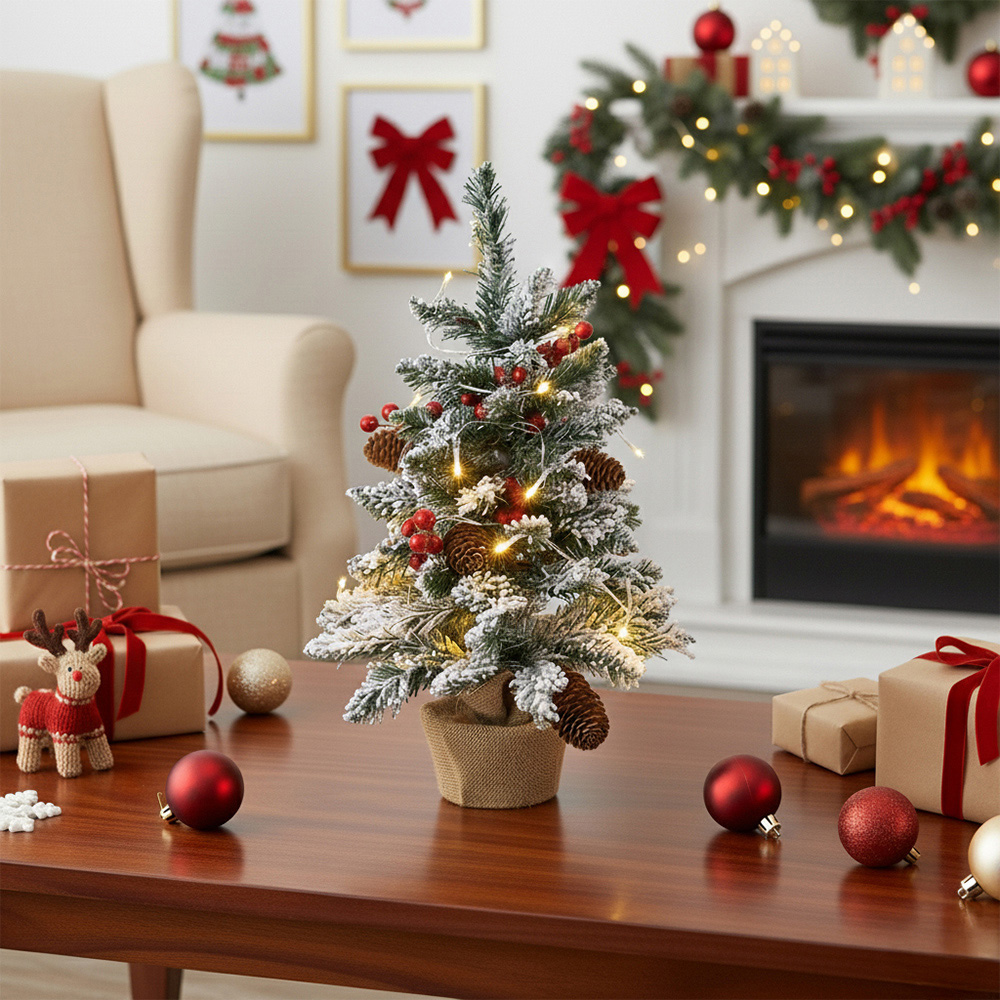 Living and Home Snow-Frosted Tabletop Artificial Christmas Tree 1.8ft with String Light Image 2