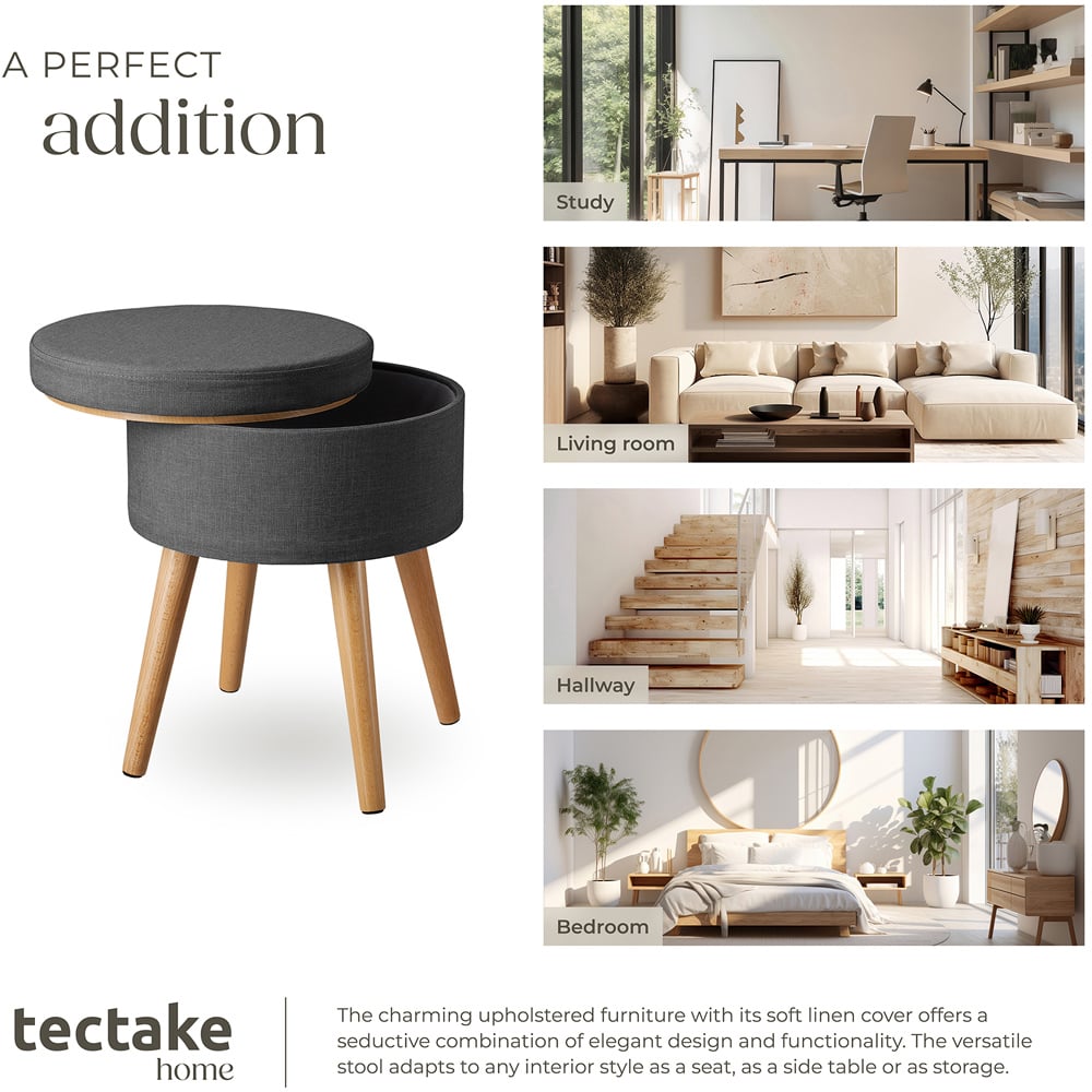 tectake Yara Dark Grey Linen Look Padded Round Stool with Storage Image 7