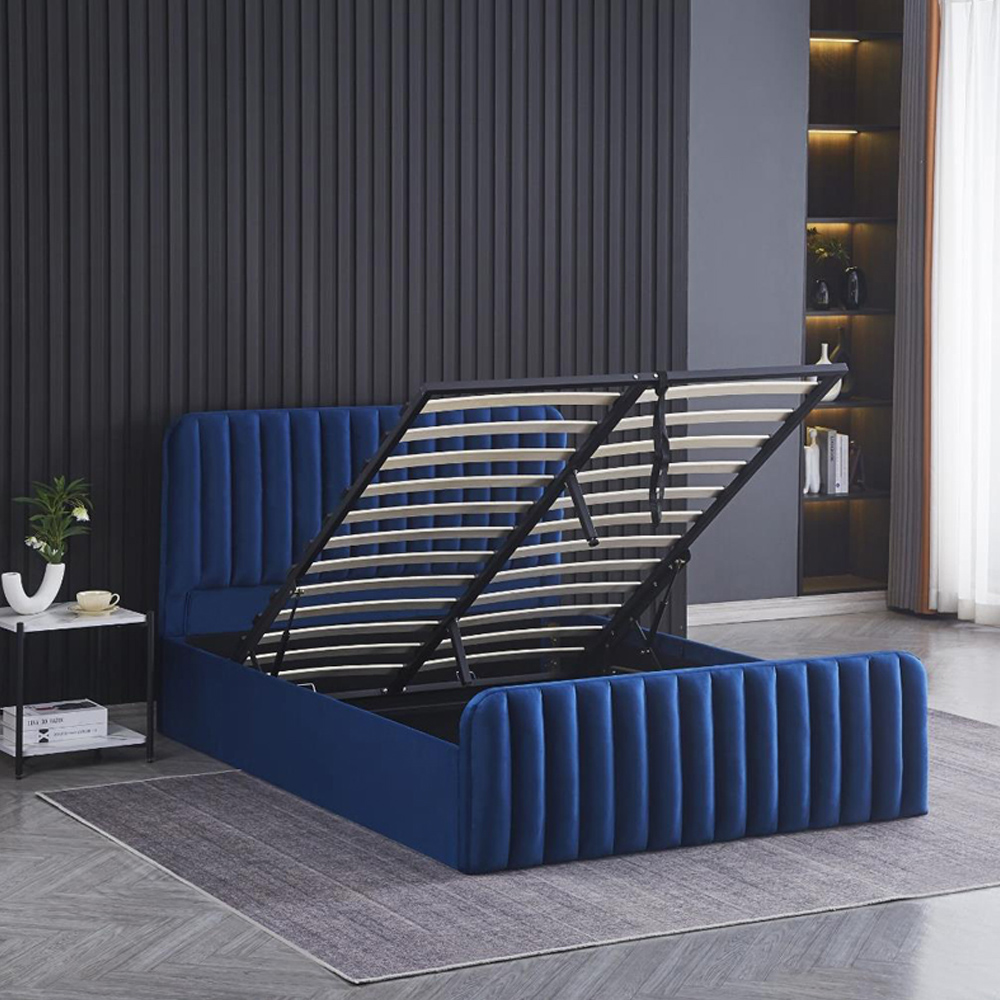 Portland Wave Double Blue Velvet Ottoman Bed with Mattress Image 5
