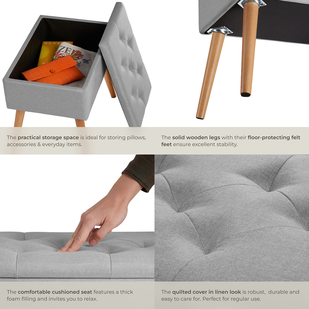 tectake Ranya Grey Upholstered Linen Look Bench with storage Image 6