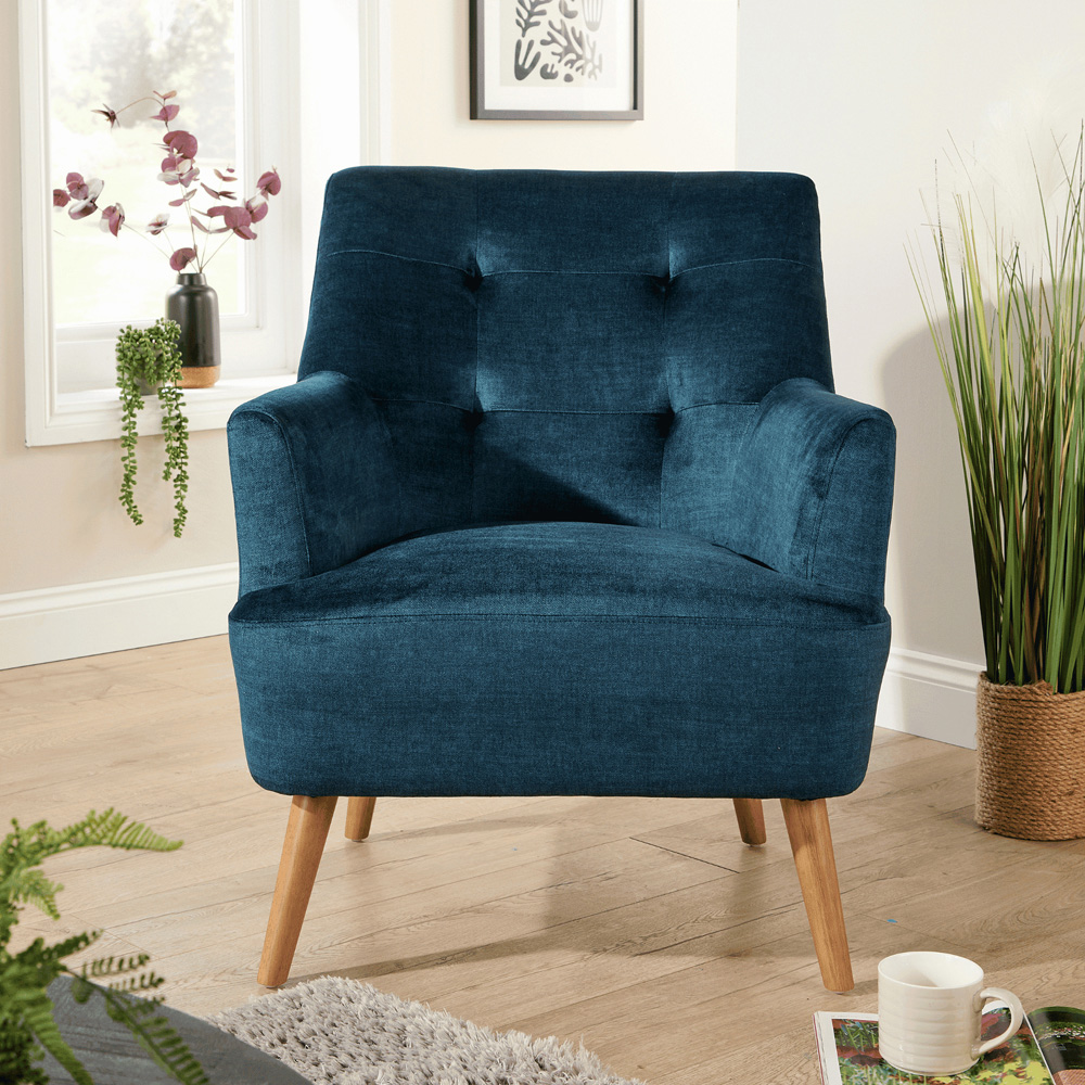 Home Source Arta Dark Blue Plush Accent Armchair with Wooden Legs Image 8