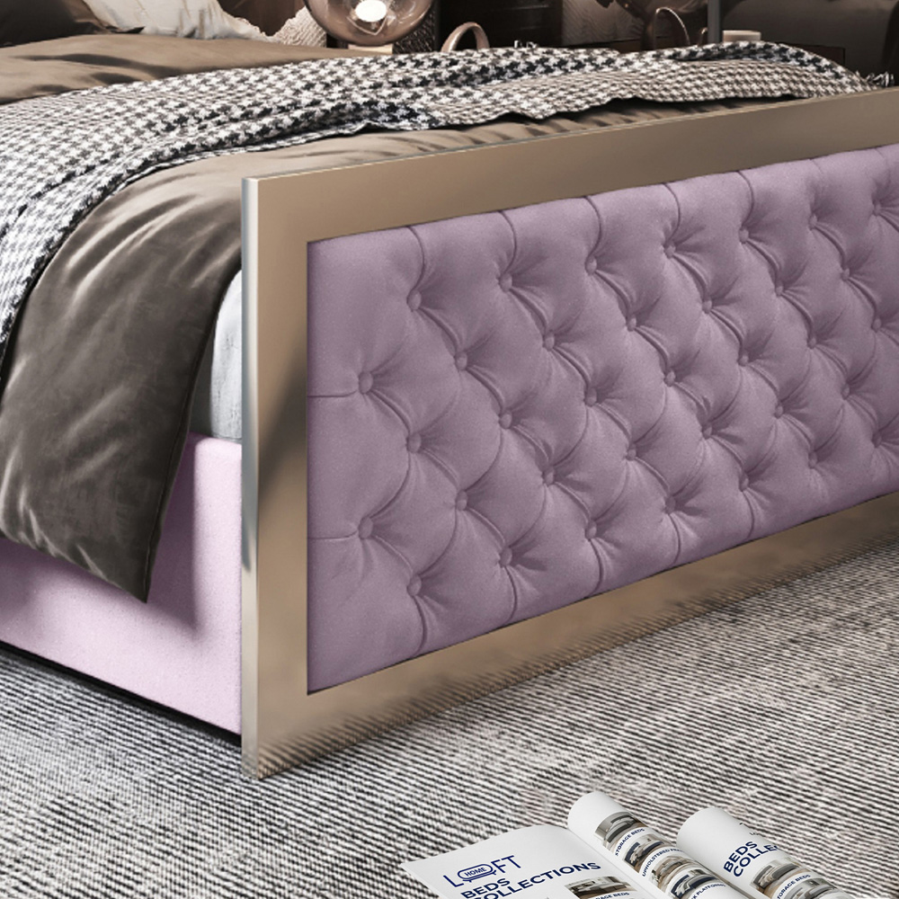 Maddison Pink Double Velvet Upholstered Metal Bed Frame with Padded Headboard Image 4