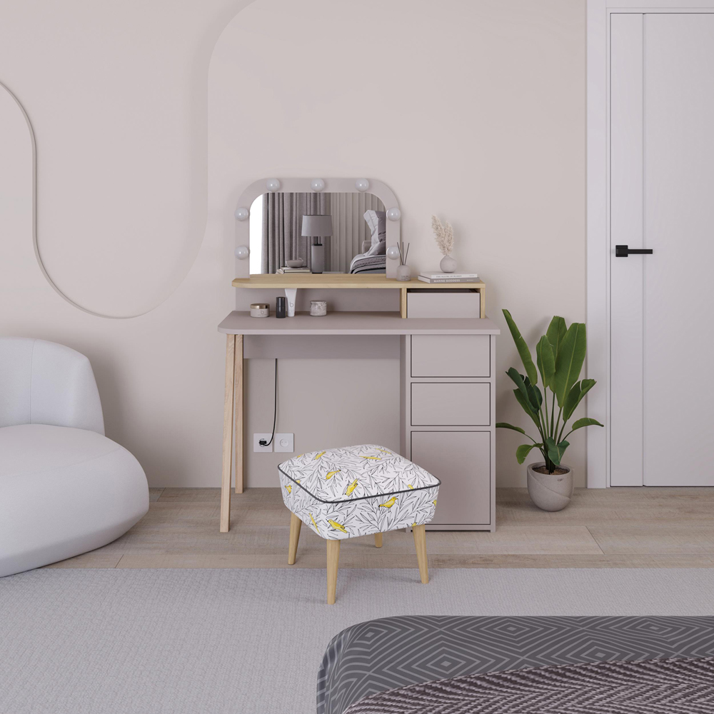 Decortie Avien 3 Drawer Single Door Mocha Grey and Oak Makeup Vanity Table with LED Mirror Image 5