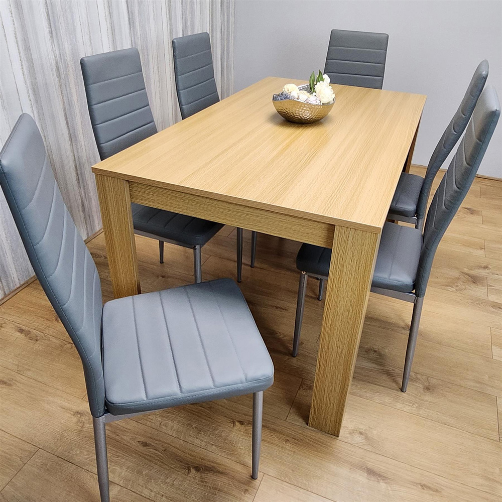 Portland 6 Seater Faux leather Dining Set Wooden Oak Effect and Grey Image 3