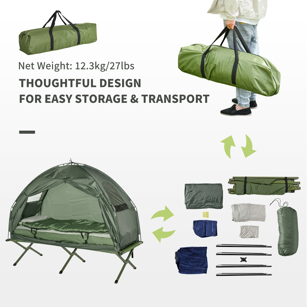 Outsunny 4-in-1 Foldable Dome Tent Camping Cot with Sleeping Bag Green Image 6