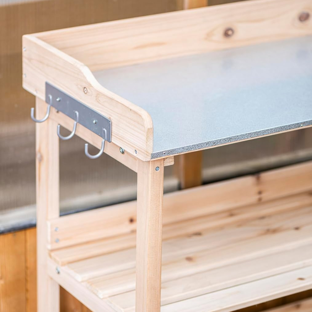 Garden Gear Natural Wooden Potting Bench Table with Galvanised Table Top and Hooks Image 8
