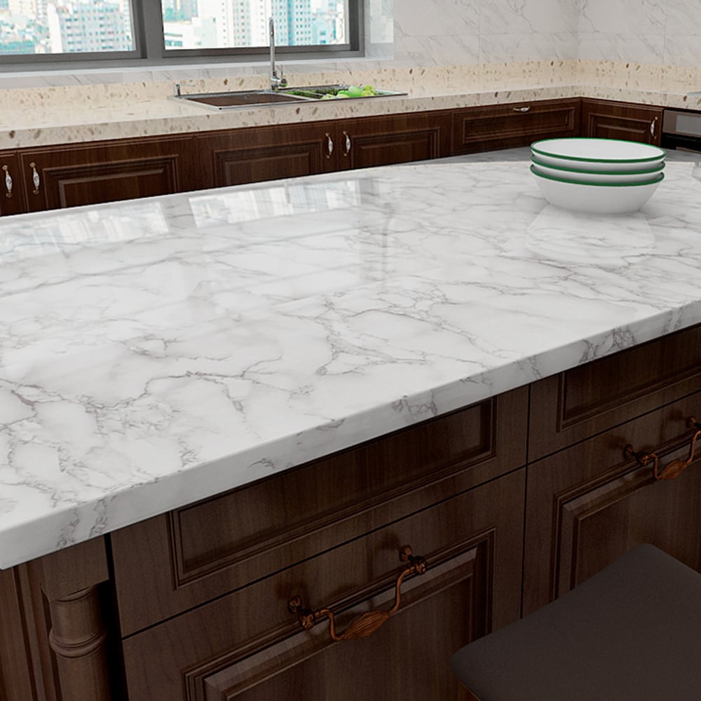 Living and Home Marble Effect White Rectangle Self Adhesive Wallpaper Image 1