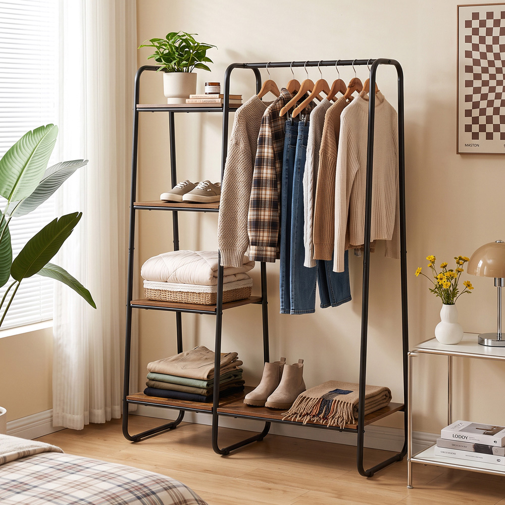 Living and Home 5 Shelf Black and Brown Clothes Rack with Hanging Rail Image 7