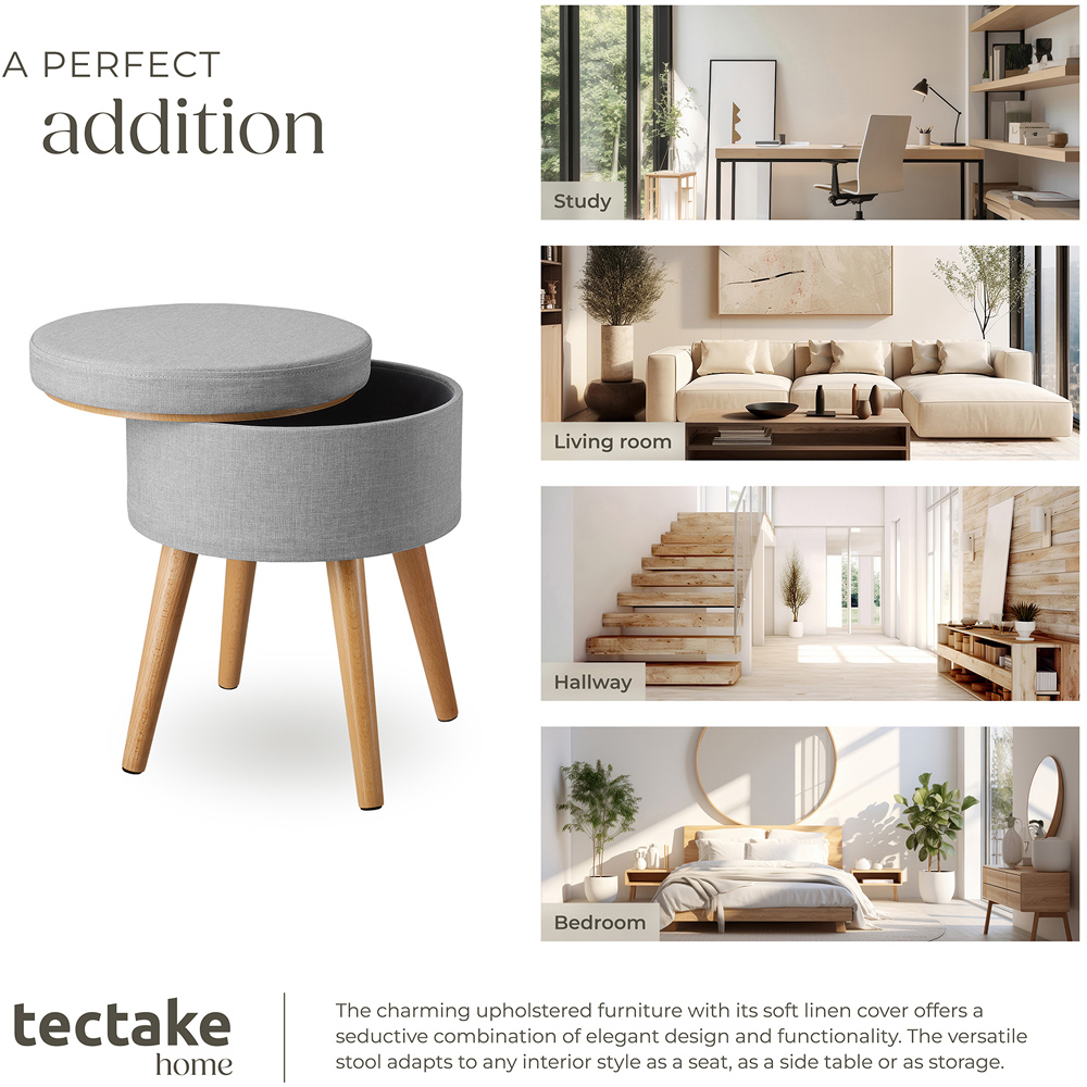 tectake Yara Light Grey Linen Look Padded Round Stool with Storage Image 7