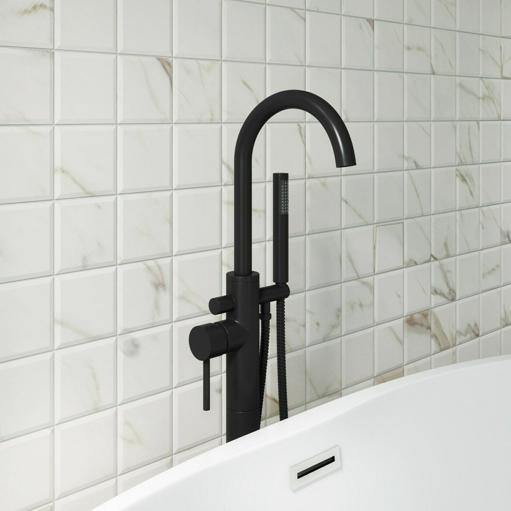 Nes Home Rosette Matte Black Floor Mounted Bath Shower Mixer Tap with Shower Kit Image 2