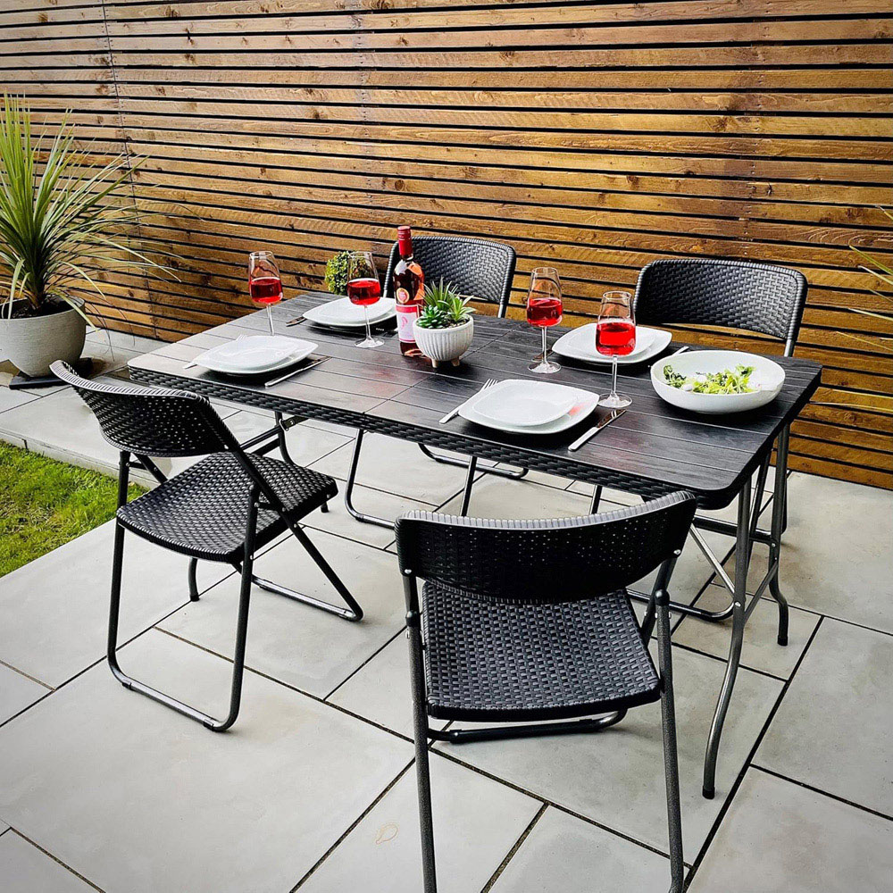 Garden Gear 4 Seater Rattan and Wood Effect Folding Plastic Dining Set Black Image 2