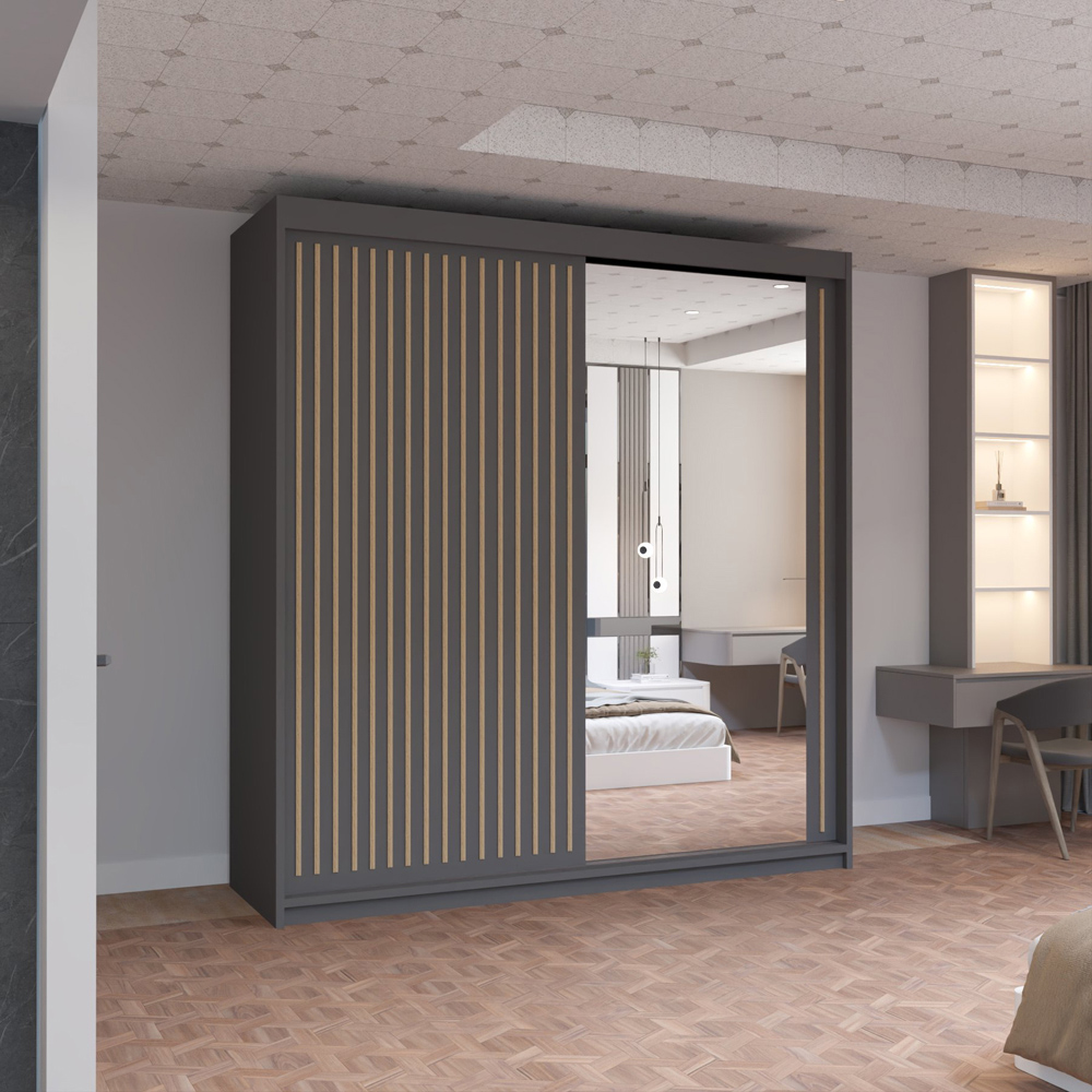 M N Furniture Roman 2 Door Grey and Oak Mirrored Sliding Wardrobe 203cm Image 5