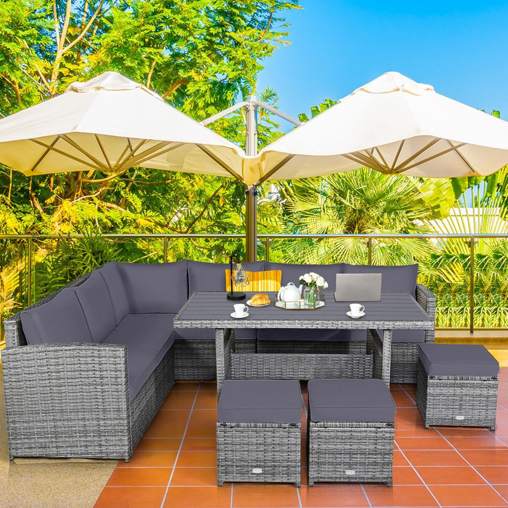 Costway 10 Seater Grey Rattan Patio Lounge Set with Back and Seat Cushions Image 5