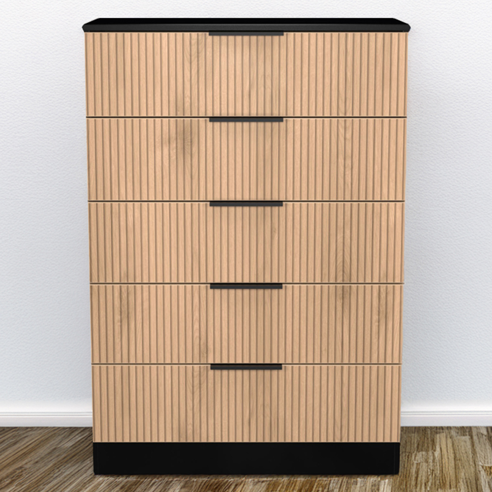 Crowndale Java 5 Drawer Slatt Effect and Black Chest of Drawer Image 1