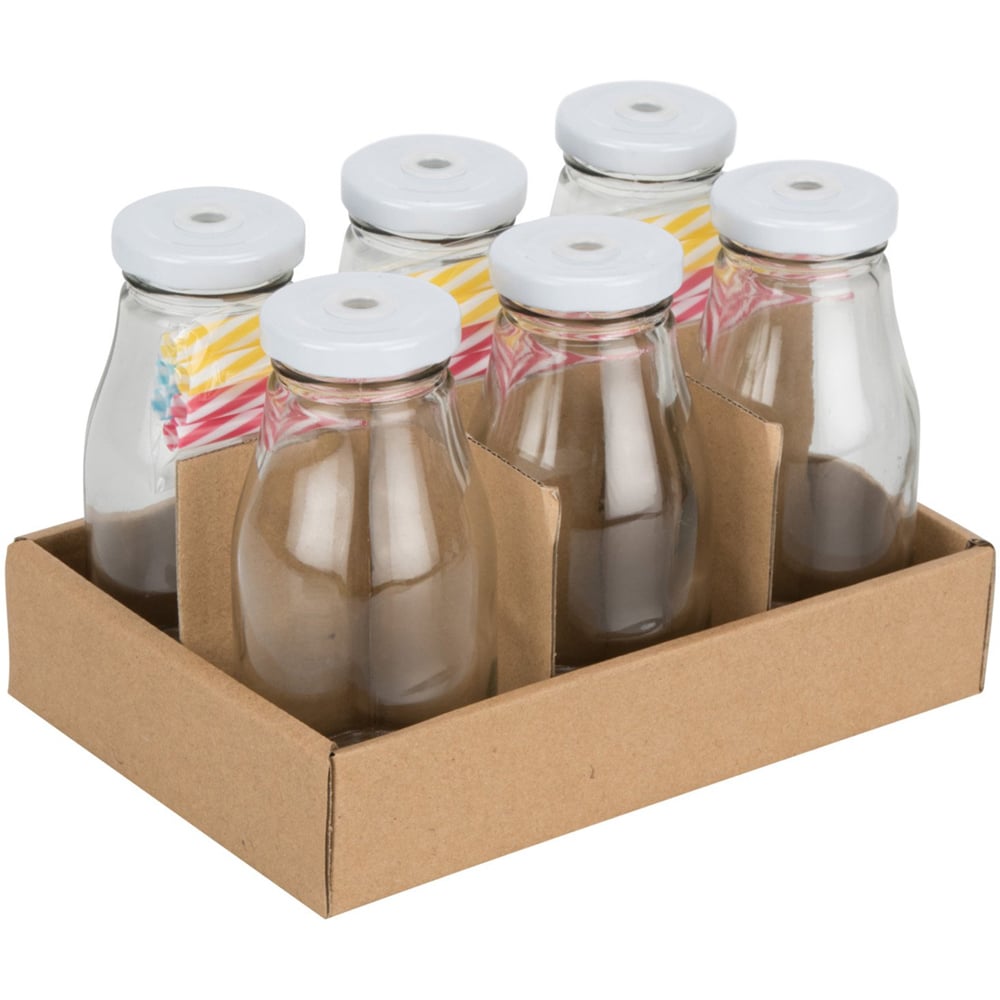 Milk Bottles with Straws and Lids Set of 6 Image 3