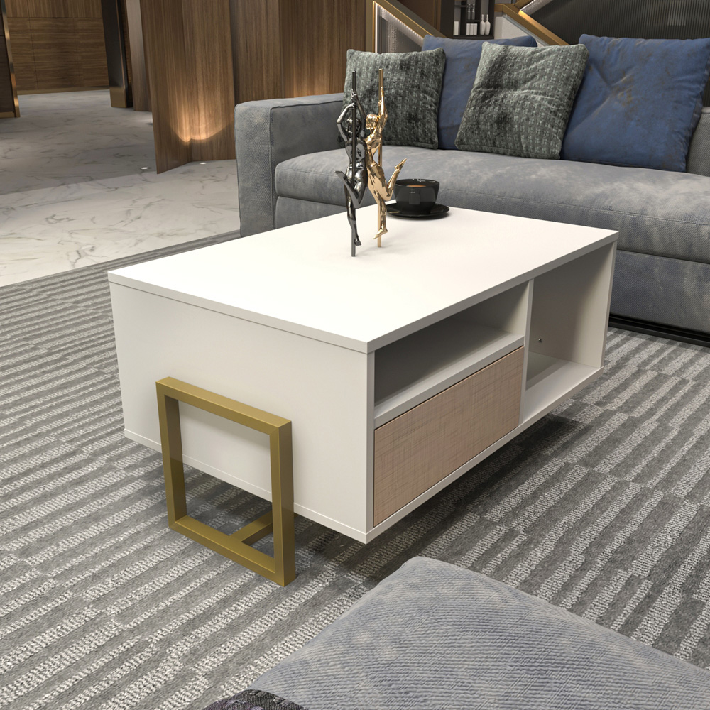 Decorotika Utopie 2 Door 2 Shelf White and Beige Modern Coffee Table Image 7